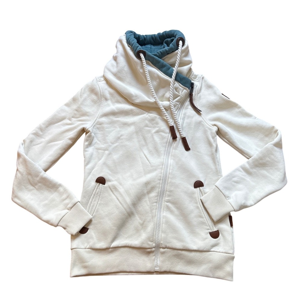 Wanakome Zip Hoodie‎ Women Cream Cowl Neck Asymmetrical Vegan Leather SIZE S